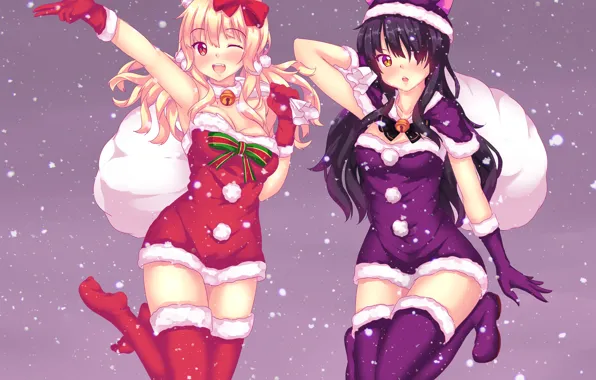 Снег, девушки, подарки, мешок, неко, колокольчик, ушки, anime