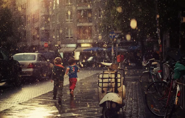 Лето, асфальт, капли, дети, дождь, настроение, обои, улица