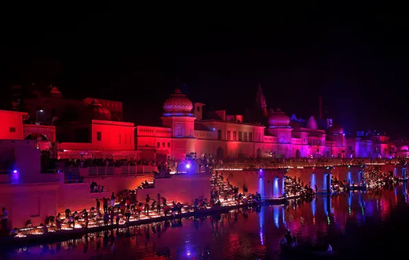 Картинка ночь, огни, Индия, река Сараю, Айодхья