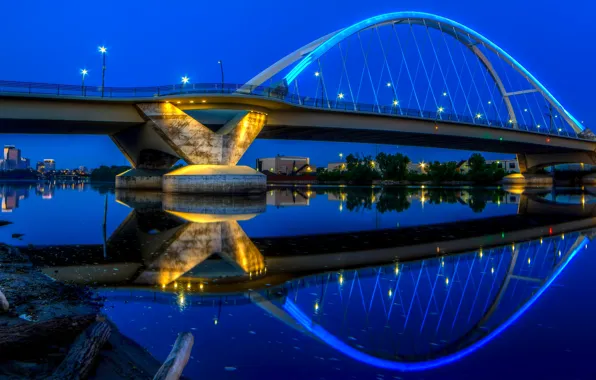 Ночь, мост, огни, река, сооружение, фонари, США, Minnesota