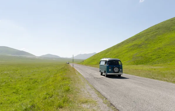 Green, road, hills, valley, sunny, Volkswagen Transporter