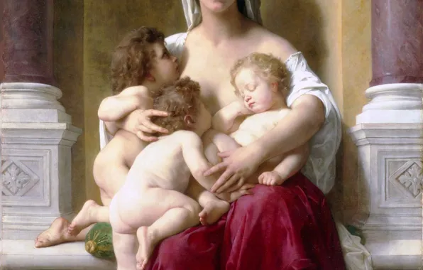Девушка, Любовь, Дети, Картина, Милосердие, William-Adolphe Bouguereau, Французский академический художник, Уильям-Адольф Бугро
