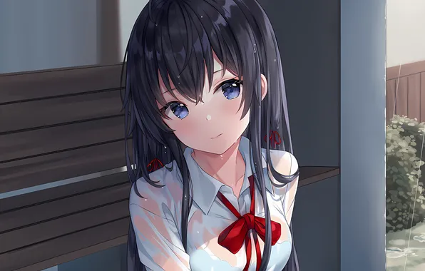 Girl, sexy, wet, school uniform, rain, long hair, boobs, anime