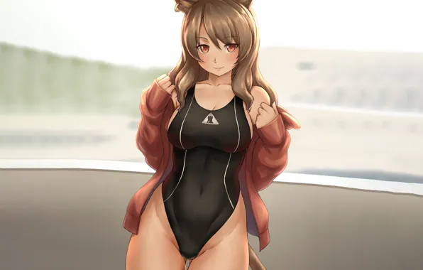 Girl, sexy, cleavage, long hair, brown hair, brown eyes, boobs, animal ears