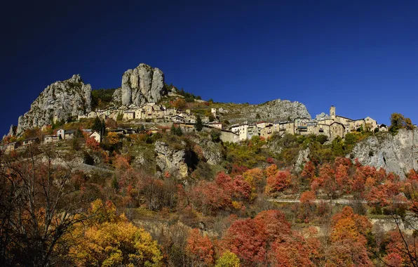 Осень, горы, скалы, Франция, дома, Roubion