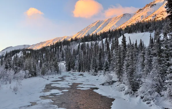 Зима, горы, река, Canada, De Wette, Yukon Territory