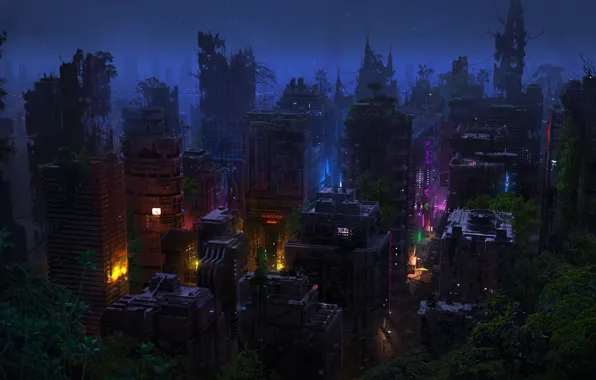 Ночь, Город, Апокалипсис, City, Растения, Night, Фантастика, Dominique van Velsen