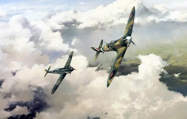 Рисунок, арт, spitfire, bf-109, robert taylor, duel of eagles