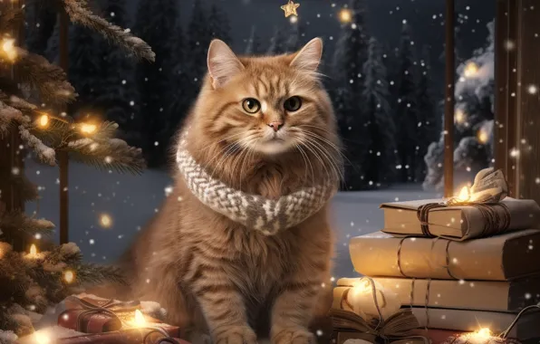 Зима, лес, кошка, кот, взгляд, стекло, свет, снег