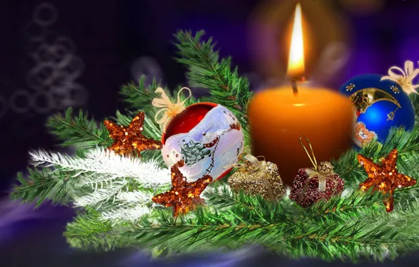 Картинка украшения, огонь, шары, елка, свеча, Рождество, Новый год, ёлка