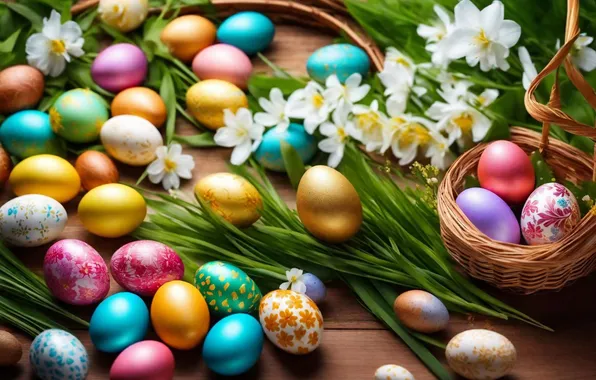 Картинка цветы, яйца, весна, colorful, Пасха, happy, flowers, spring