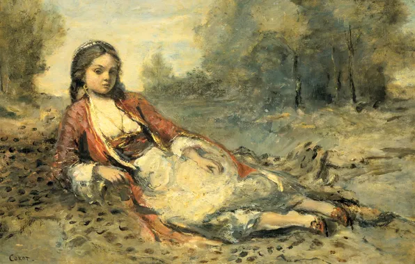Картинка пейзаж, картина, Жан Батист Камиль Коро, Алжирская Девушка