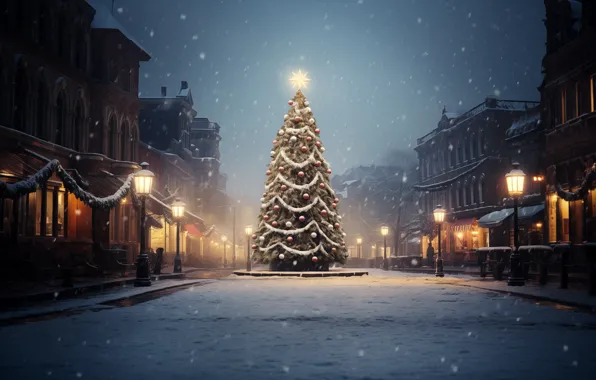 Картинка Christmas, trees, art, winter, snow, town