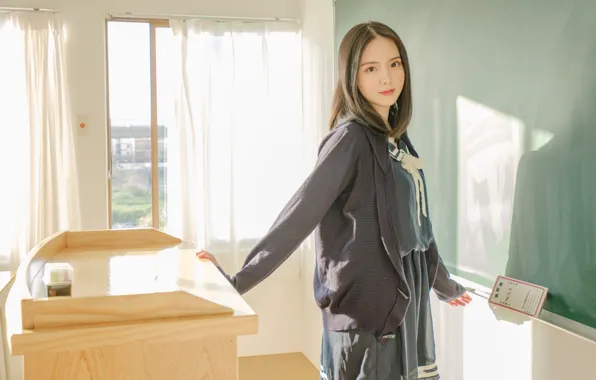 Chalkboard, classroom, hig school girl, high school girl uniform