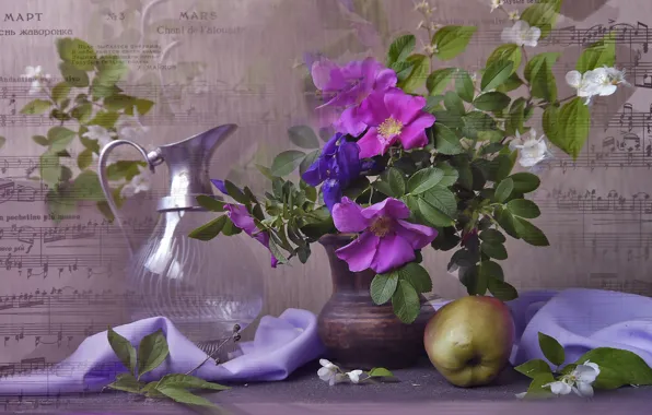 Картинка цветы, ветки, ноты, яблоко, шиповник, ткань, ваза, кувшин