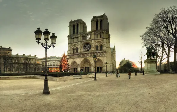 Картинка зима, Франция, Париж, елка, площадь, фонари, Новый год, ёлка