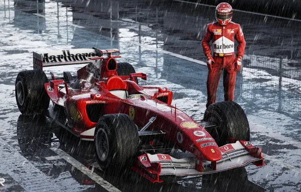 Спорт, Машина, Дождь, Формула 1, Болид, Шумахер, Michael Schumacher, Михаэль Шумахер