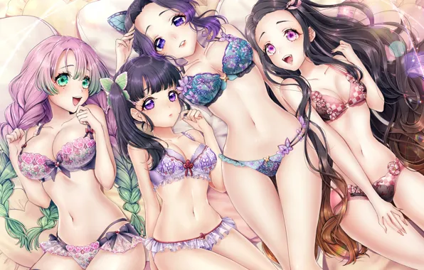 Girl, sexy, lingerie, bra, cleavage, panties, thighhighs, pink hair