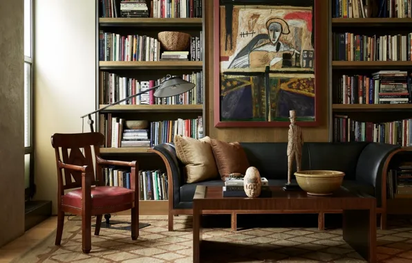 Интерьер, картина, кресло, библиотека, софа, гостиная, art-deco interior design
