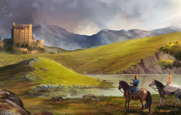 Картинка девушка, пейзаж, озеро, замок, холмы, кони, арт, парень