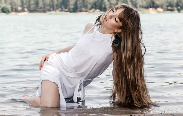 Вода, девушка, природа, река, платье, шатенка, Arthur Ponomarenko