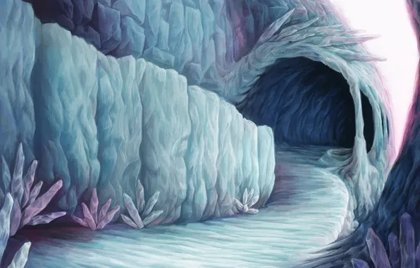 Картинка холод, горы, лёд, арт, дорожка, льдины, кристаллы, пещера