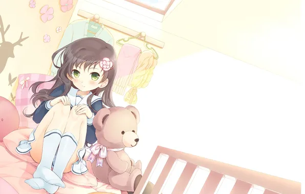 Игрушка, кровать, подушки, медведь, арт, девочка, сидя, komi zumiko