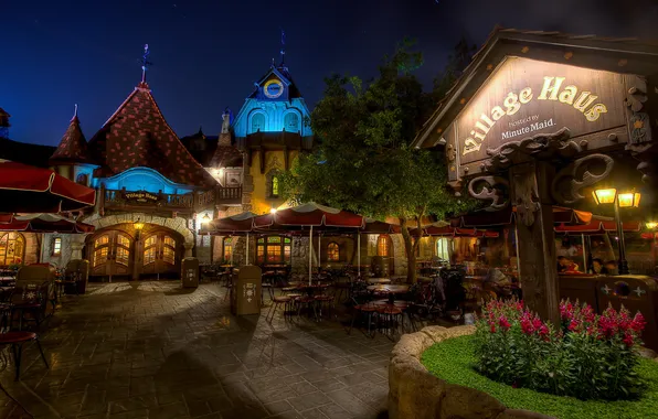 Картинка Ночь, Кафе, Время, Улица, Тишина, США, Disneyland California