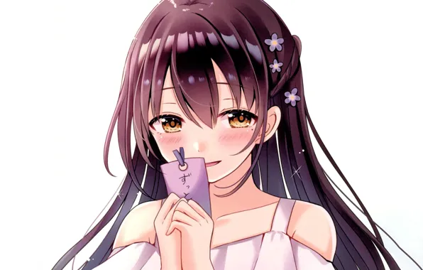 Улыбка, девочка, белый фон, румянец, амулет, длинные волосы, by Sakura Hiyori