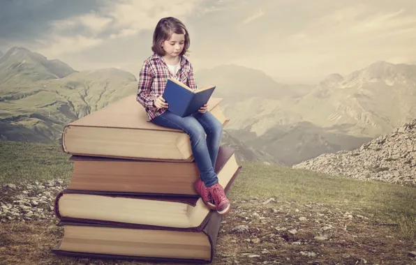 Картинка горы, природа, книги, девочка, чтение