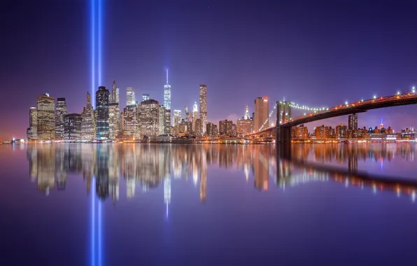Картинка свет, отражения, ночь, город, огни, США, Нью - Йорк