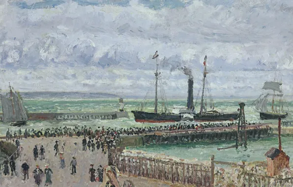 Пейзаж, корабль, картина, пароход, парус, Камиль Писсарро, Вход в Порт Гавр. Вид на Западный Волнорез