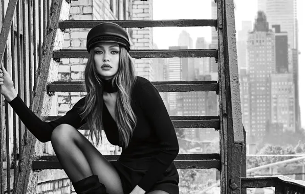 Девушка, город, лестница, черно-белое, Gigi Hadid, Maybelline