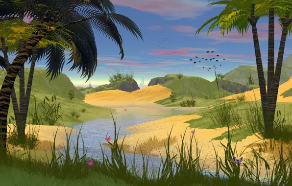 Картинка трава, вода, деревья, бабочки, птицы, природа, пальмы, рисунок