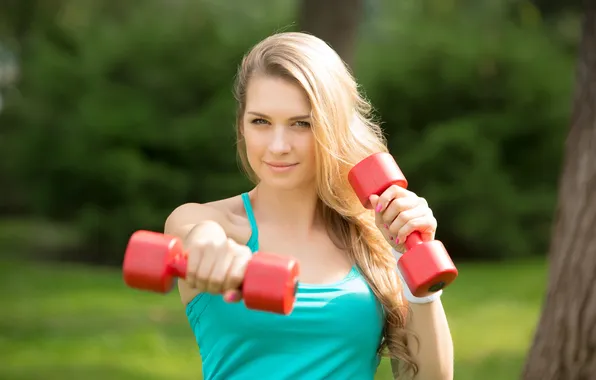 Картинка girl, park, exercise, sports, dumbbells