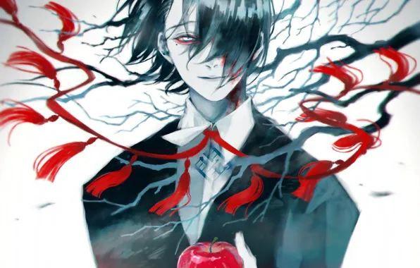 Яблоко, арт, парень, Tokyo Ghoul, Токийский Гуль, взгял