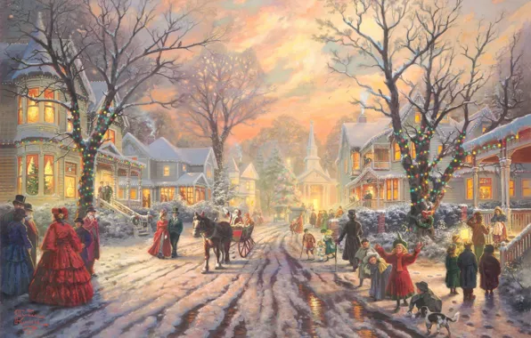Праздник, картина, огоньки, Рождество, Санта, ёлка, живопись, 2011
