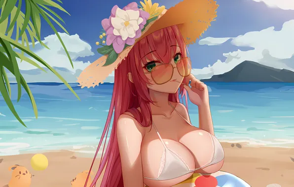 Girl, sexy, cleavage, beach, pink hair, sky, green eyes, long hair