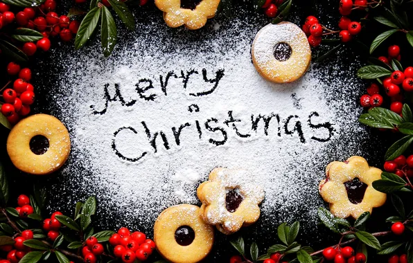 Картинка зима, ягоды, еда, Новый Год, печенье, Рождество, красные, Christmas