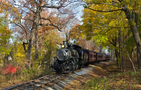 Картинка осень, пейзаж, ретро, рельсы, паровоз, железная дорога, steam