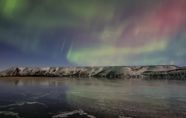 Картинка лед, небо, снег, ночь, озеро, северное сияние, Исландия