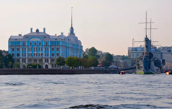 Картинка река, здание, Санкт-Петербург, Аврора, Россия, музей, набережная, крейсер