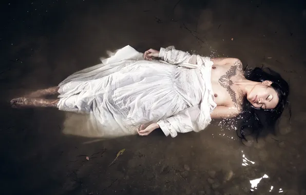 Грудь, вода, девушка, платье, брюнетка, татуировка, азиатка, Daniel Ilinca