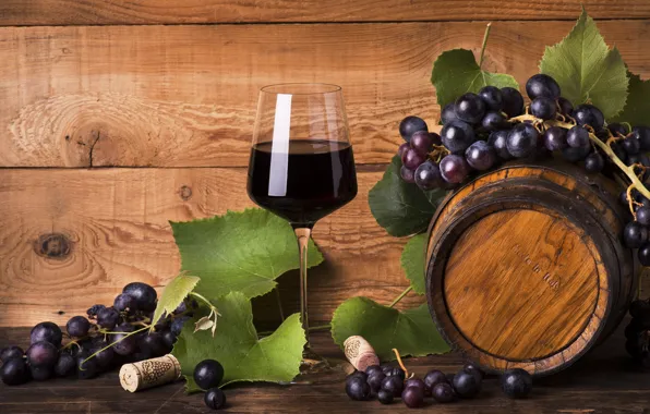 Картинка вино, красное, бокал, виноград, бочка, wood, red wine