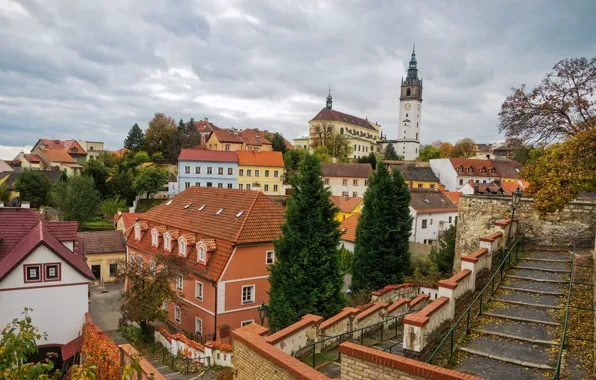 Осень, листья, облака, деревья, дома, Чехия, лестницы, Litomerice