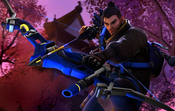 Лук, стрела, мужчина, борода, убийца, лучник, Overwatch, Hanzo Shimada