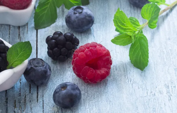 Картинка листья, ягоды, малина, черника, ежевика