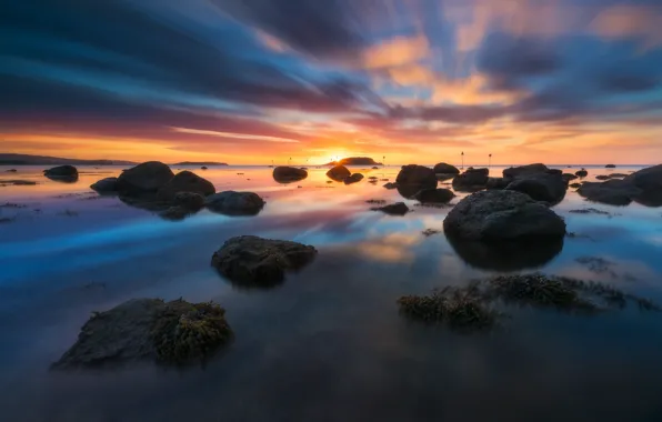 Картинка небо, облака, закат, отражение, камни, водоем