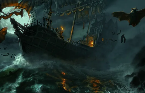 Картинка море, ночь, шторм, человек, корабль, вампиры, мыши, летучие