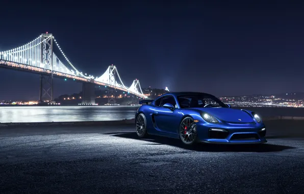 Картинка Porsche, Cayman, Car, Blue, Front, Bridge, Night, Sport